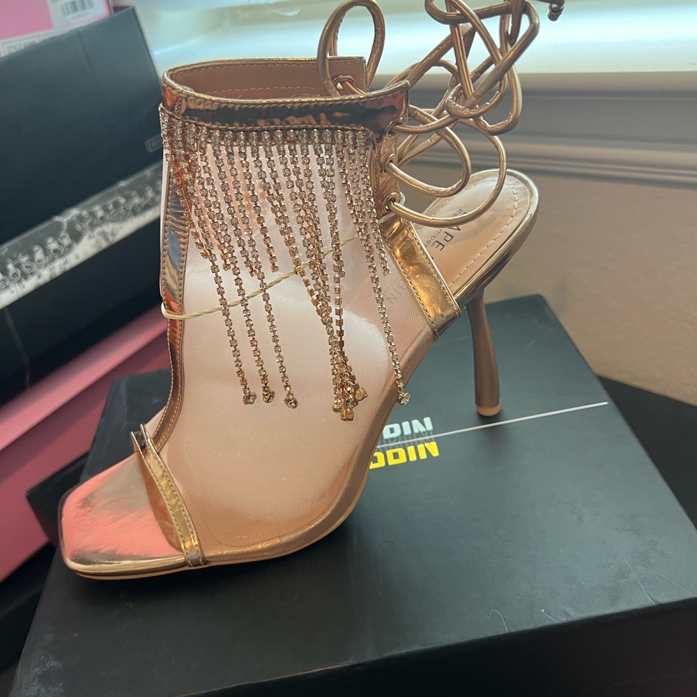 Gold Fringe Lace-Up Stiletto Sandals - Women's Evening Heels